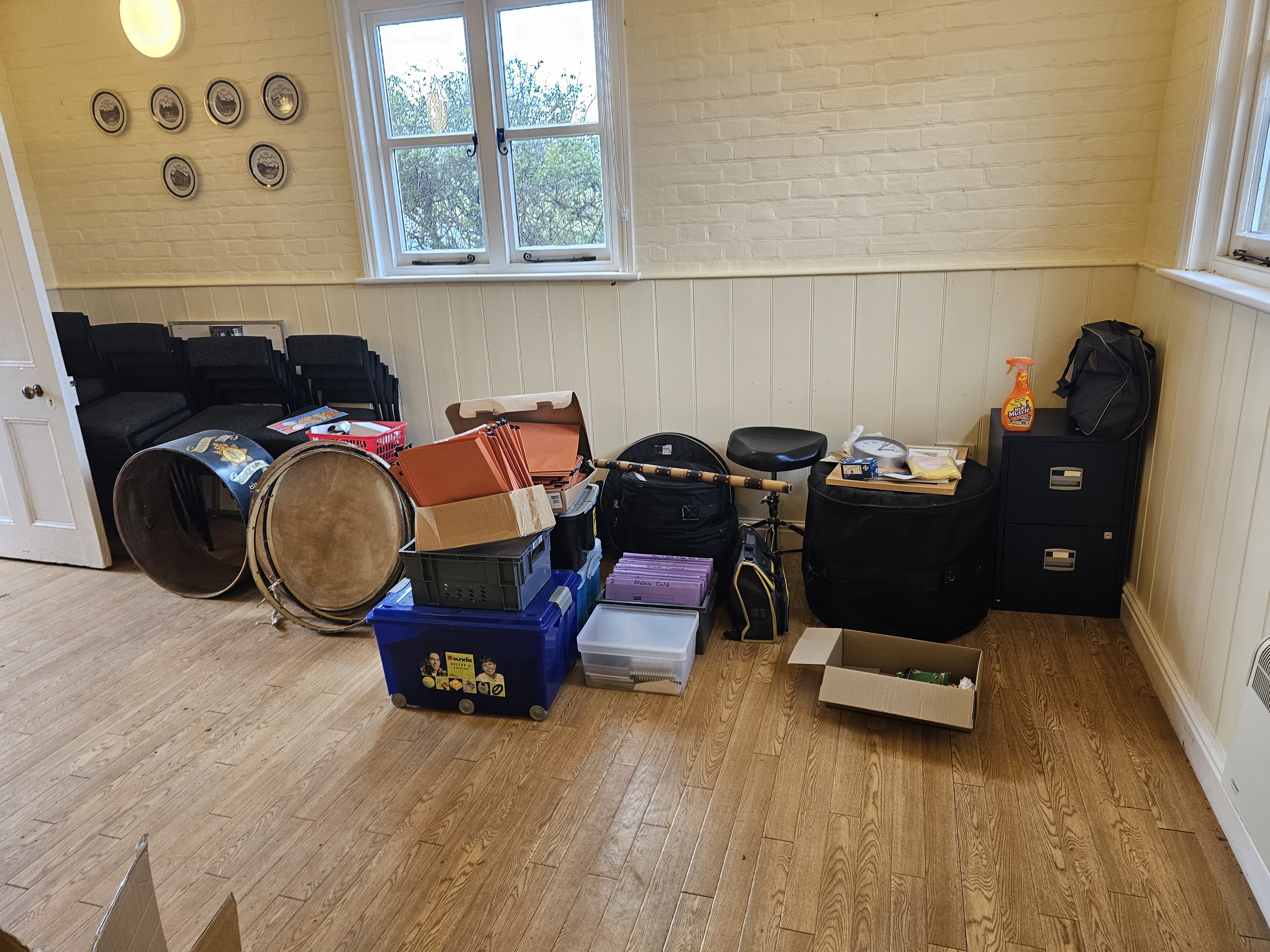 Band equipment and instruments packed ready to leave the Parish Room